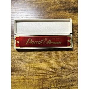 Vintage Parrot Brand Harmonica Red Metallic Finish Gold Logo With Box